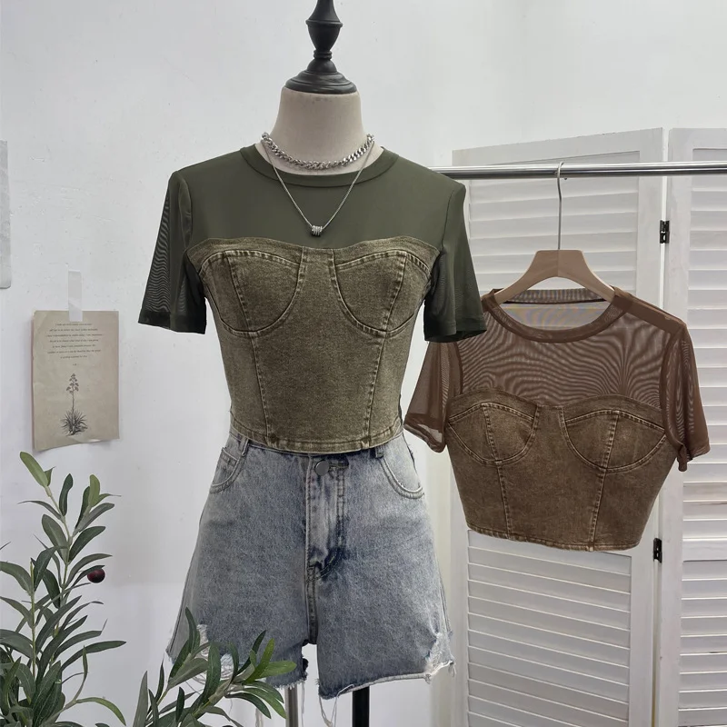 Uveng Real Shooting 2024 Summer Denim Splicing Mesh Yarn Short-Sleeved T-Shirt Design Fake Two Hot Girl Short Top 26231