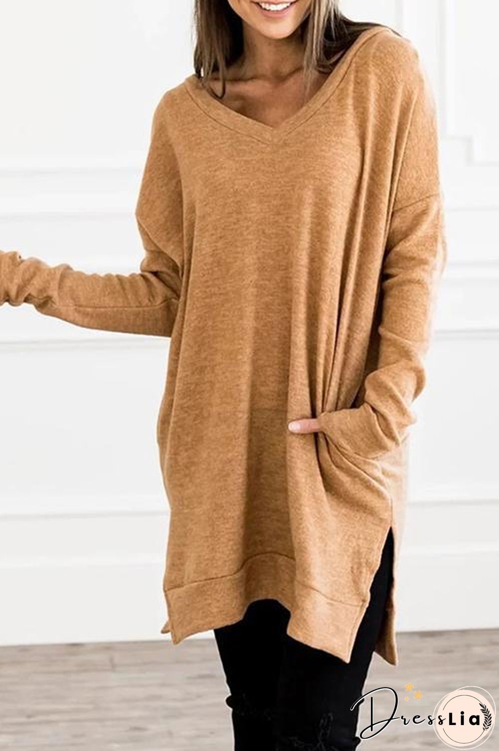 Pockets Slit V Neck Hoodie Dress