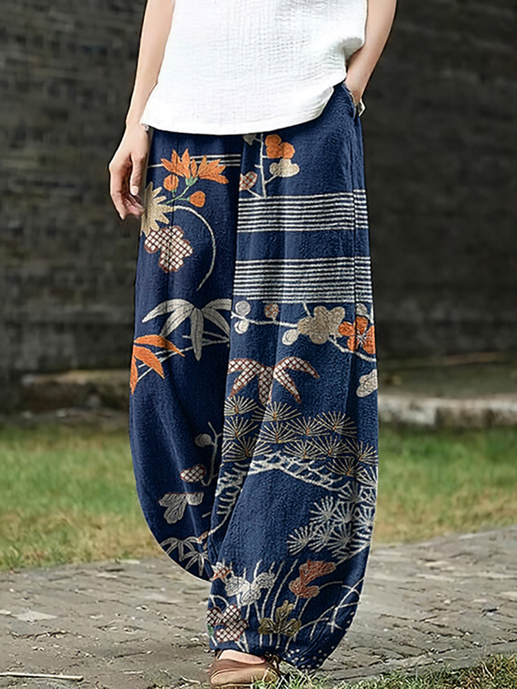 Comstylish Women's Japanese Art Maple Leaves Pocket Loose Casual Pants