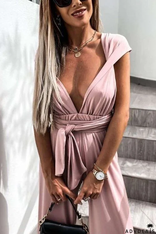 Solid Color Slim V Neck Lace Up Sleeveless Jumpsuit