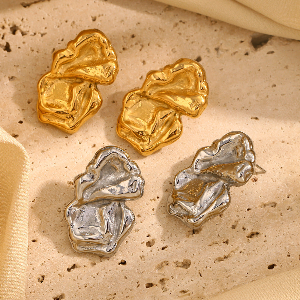 Retro French Earrings Stainless Steel Plated 18K Gold Vintage Irregular Fold Earrings For Women