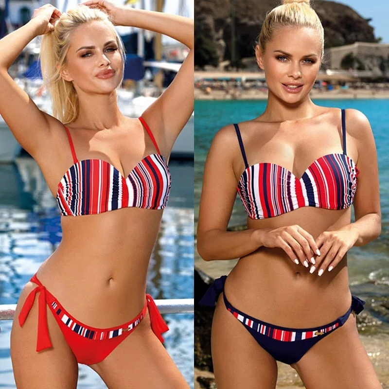 Plus Size Bikini Swimwear Two Piece Women Swimsuit Push Up Striped Bandage Brazilian Bathing