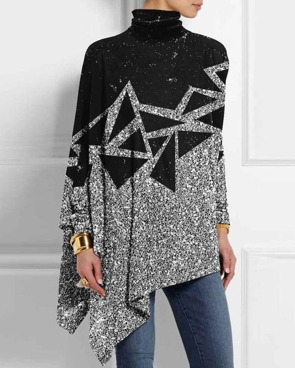 Silver Sequin Triangle Print Half Turtleneck Hem Top