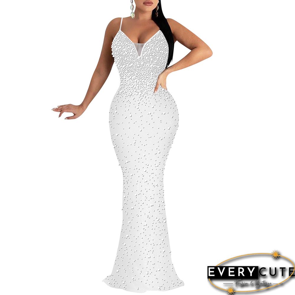 White Rhinestone Open Back Mermaid Maxi Dress