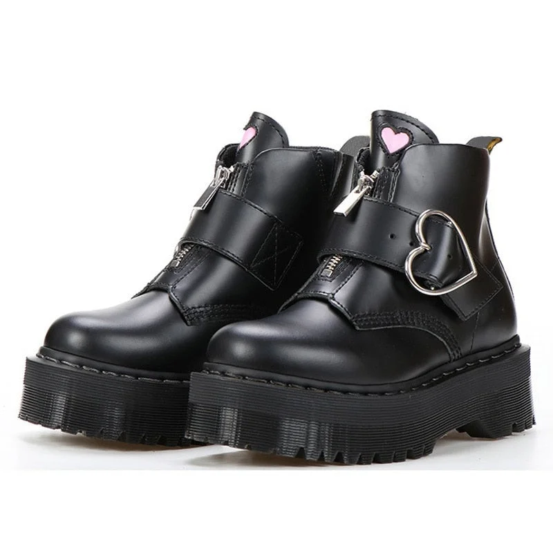2022 Women Boots Motorcycle Shoes Winter Platforms Ankle Boots Martin Female Chunky Leather Gothic Booties Woman Square Heels