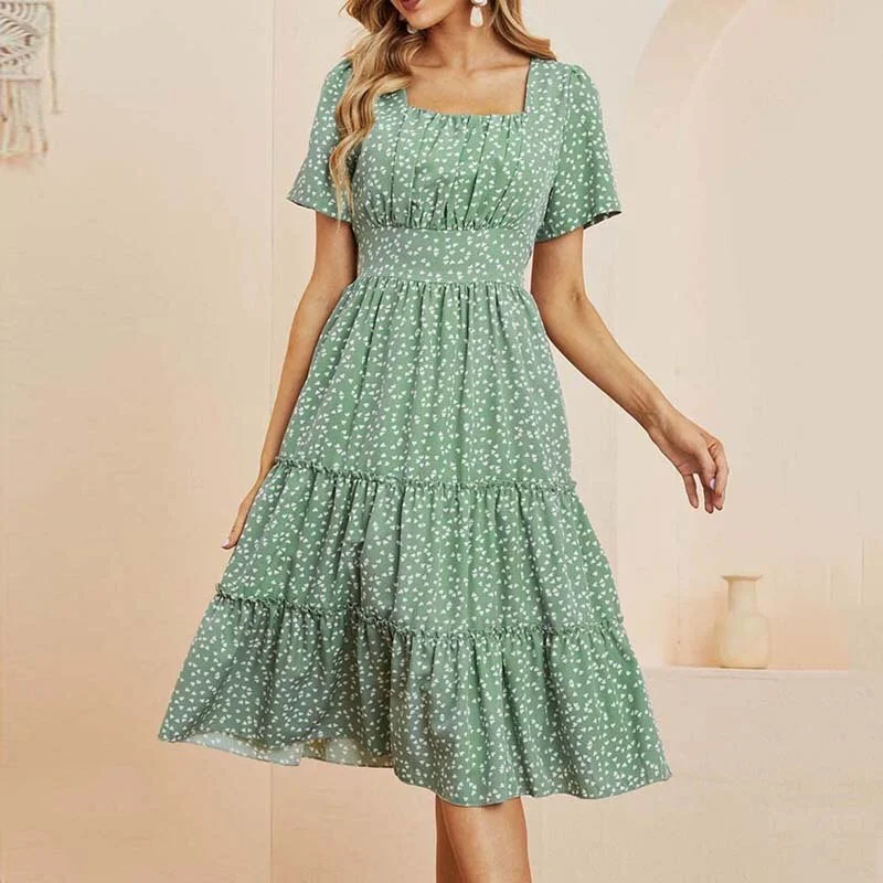Summer Dress Women Short Sleeve High Waist Floral Print Midi Dress Casual Elegant Square Collar Holiday Beach clothes