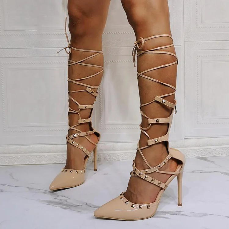 Nude Wrap Studded Strappy Shoes Wrap Pumps Pointed Toe Stiletto Heels Vdcoo