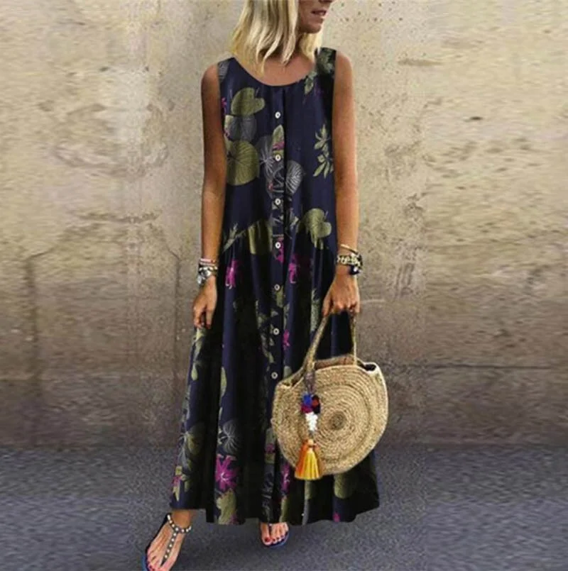ELSVIOS Plus Size Women Floral Print Sleeveless Button Maxi Dress Elegant Bohemian Summer Long Dress Ladies O-Neck Vintage dress