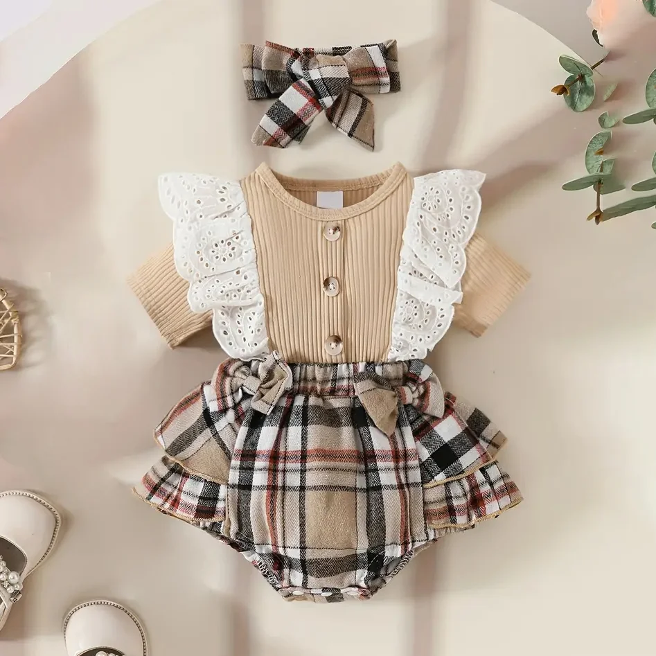 2PCS Plaid Printed Lace Trim Short Sleeve Baby Romper