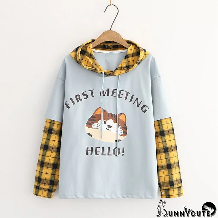 Cartoon Kitty Letter Print Plaid Sleeve Hoodie