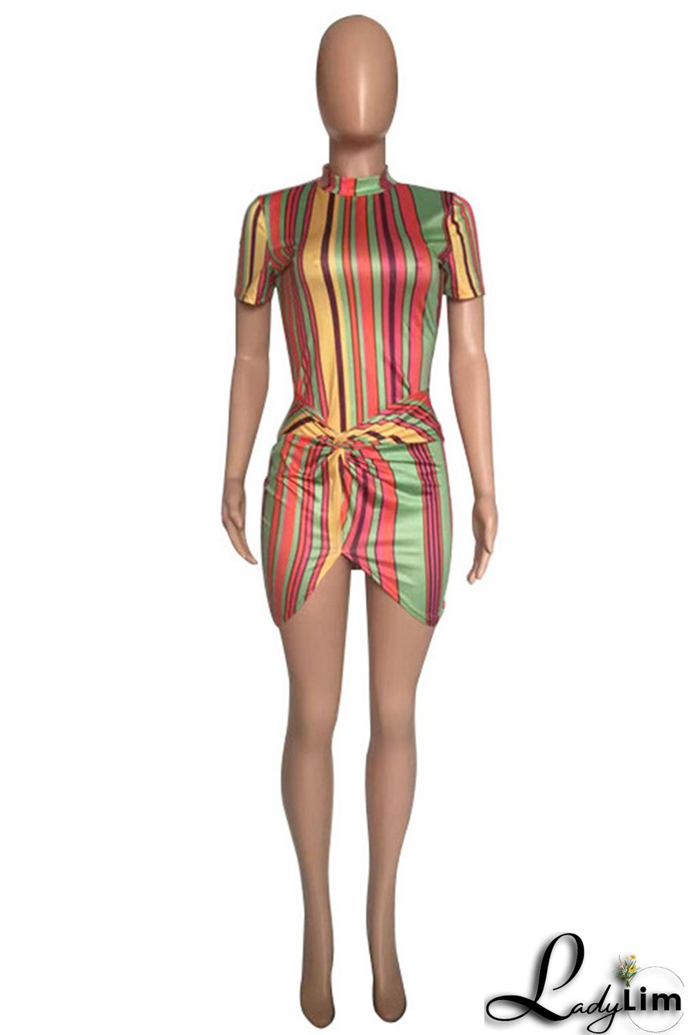 Orange Fashion Casual Striped Print Split Joint Half A Turtleneck Short Sleeve Dress