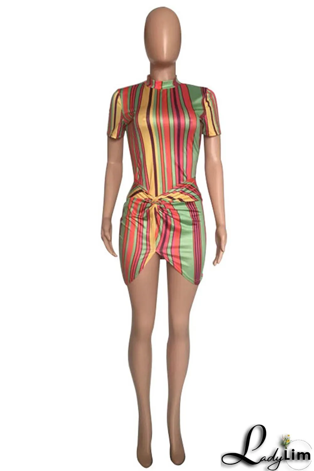 Orange Fashion Casual Striped Print Split Joint Half A Turtleneck Short Sleeve Dress