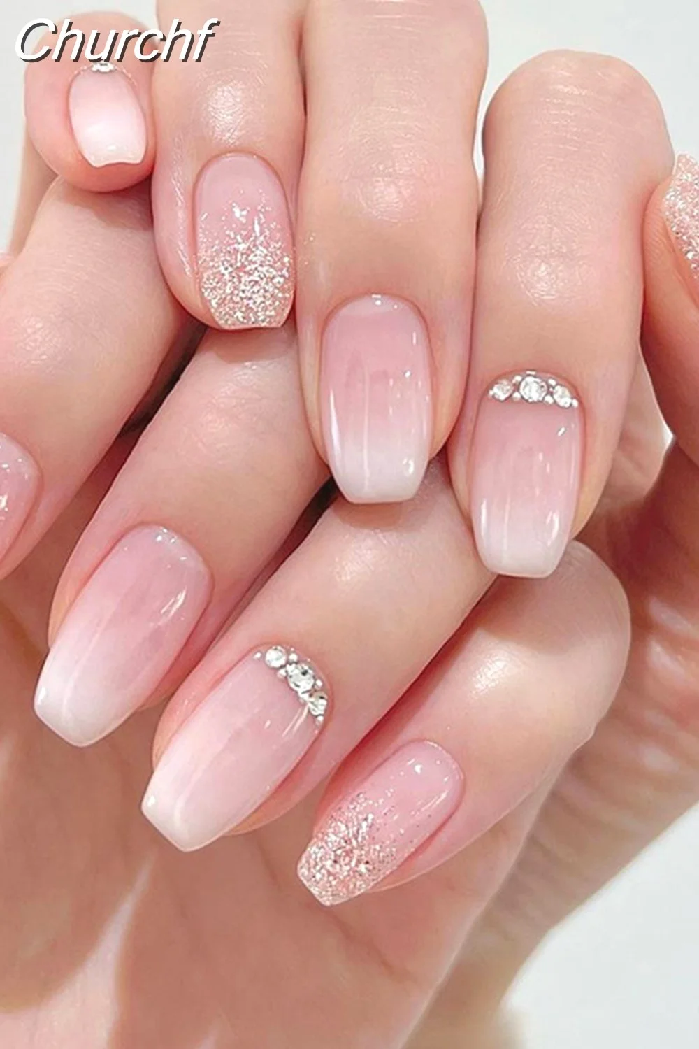 Churchf Drill False Nails Set Simple French Short Square Head Nails Manicure Fashion Full Cover Fake Nail Tips Press on Nails-Nail Inspo