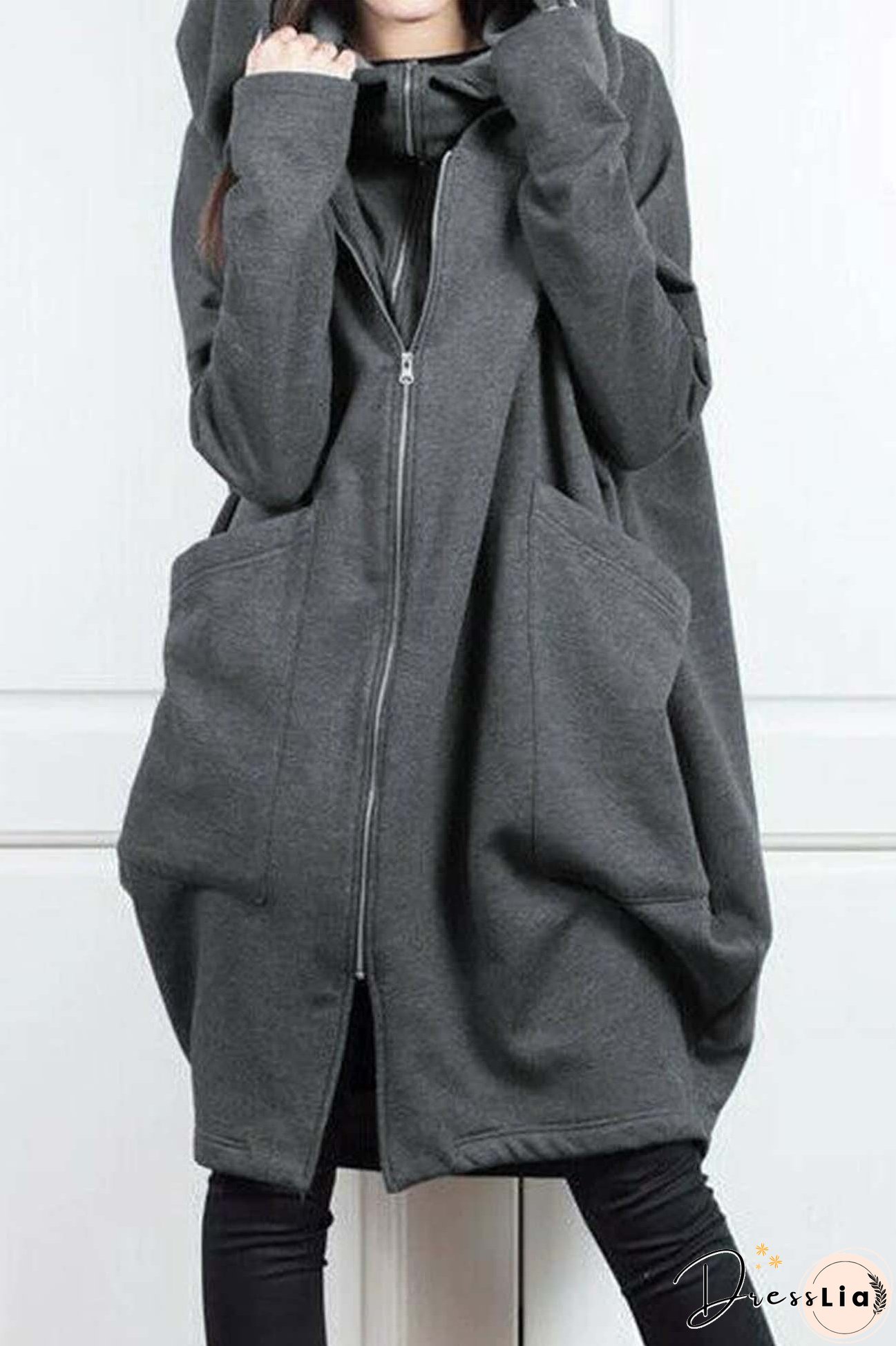 Hooded Pocket Zipper Mid-Length Cardigan