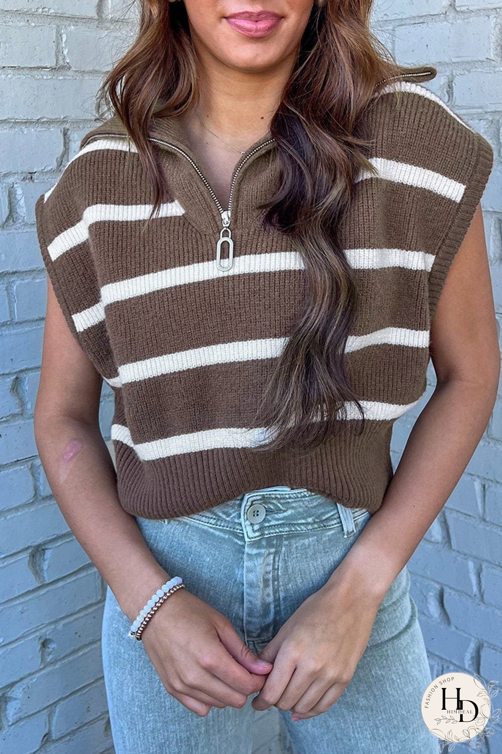 Cozy Brown Striped Zip-Up Collared Cap Sleeve Sweater Top