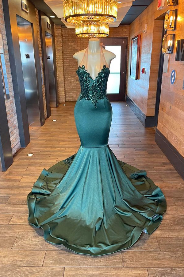 Oknass Unique Dark Green Sleeveless Halter Mermaid Prom Dress With Appliques Beads