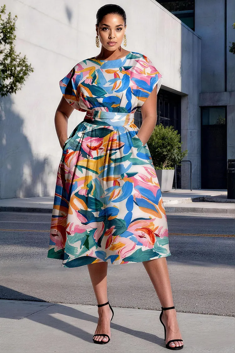 Xpluswear Design Plus Size Business Casual Multicolor All Over Print Round Neck Short Sleeve Pocket Midi Dresses [Pre-Order] 2024 - Xpluswear