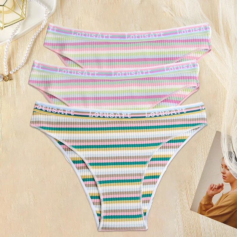 FINETOO 3PCS/Set Women Cotton Seamless Panties for Female M-XL Underwear Panty Sexy Colorful Striped Lingerie Letter Waist Brief