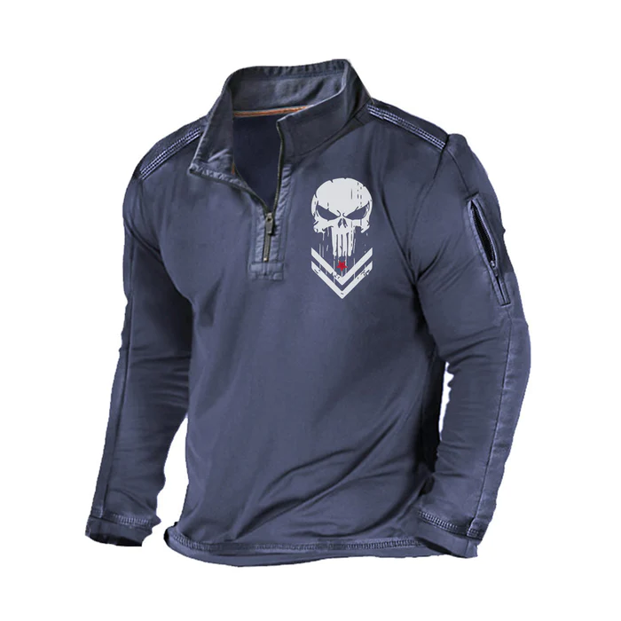 USA SKULL ZIPPER POCKET STAND COLLAR SWEATSHIRT