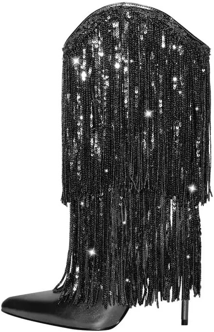 VCSHOES Cowboy Cowgirls Women Mid Calf Boots Thin High Heels Pointed Toe Shiny Glitter Tassels Shoes Woman Long Boots 44