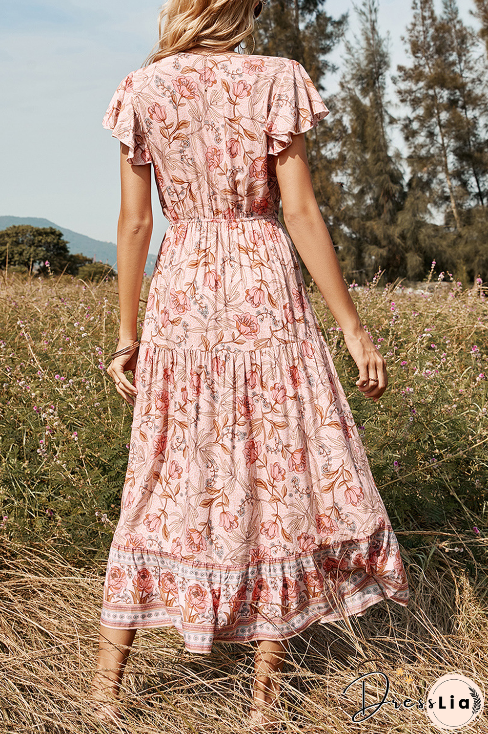 Casual Print Split Joint V Neck Cake Skirt Dresses