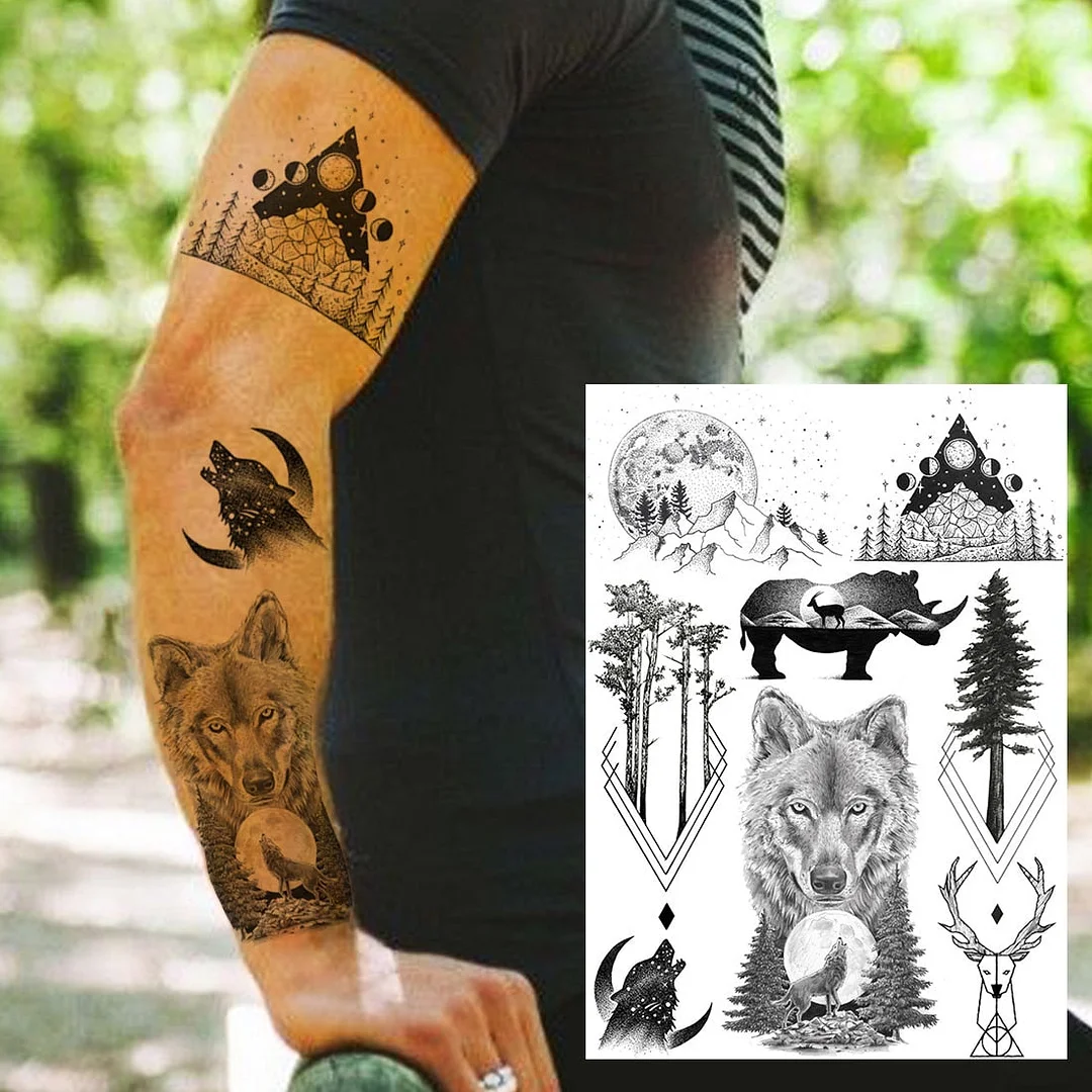 Realistic Fake Black Animal Temporary Tattoos Sticker For Men Women Geometric Wolf Outer Space Tatoo Temporary Decal For Kids