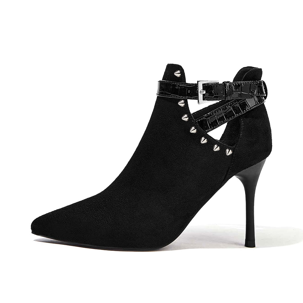 Women's Black Vegan Suede Cut Out Heeled Ankle Boots with Rivets Nicepairs