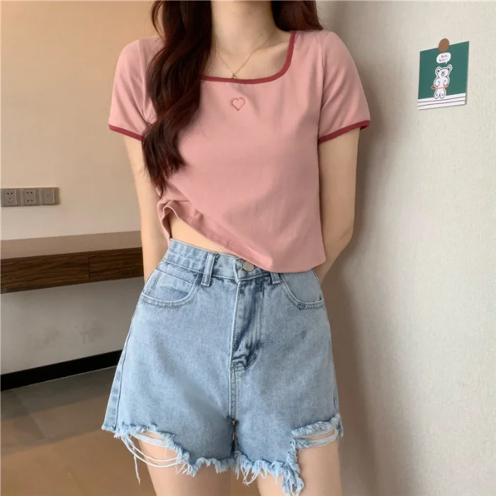 Uveng Uveng Embroidery T-Shirt Female Ins Tide Short Hot Girl Slim Pure Desire Wind Slim Short Sleeved Shirt 2024 Summer New