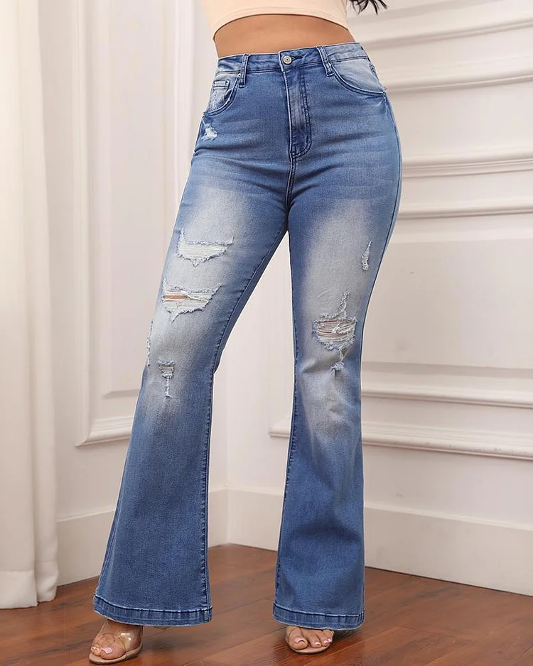 90s Vintage Ripped High Waist Slant Pocket Flare Leg Jeans