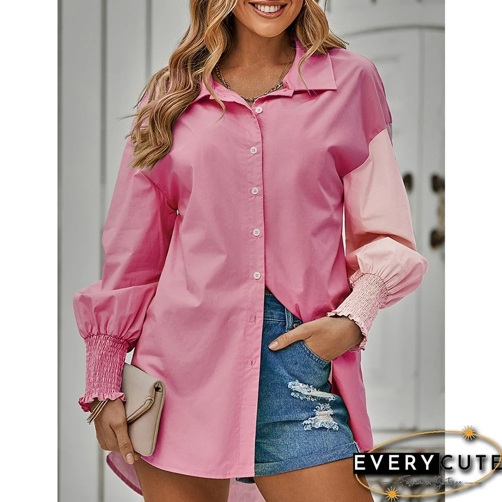 Pink Contrast Button Pleated Cuffs Long Sleeve Shirt