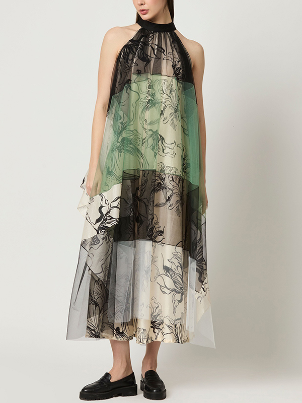 Colorblock Patchwork Floral Print Halterneck Maxi Dress