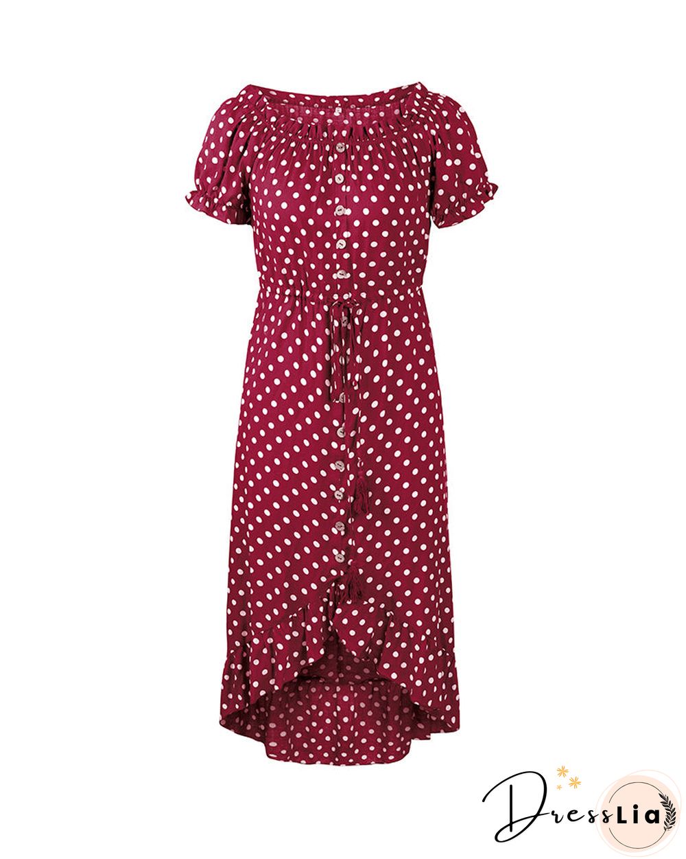 Off Shoulder Polka Dot Button Down Maxi Dress