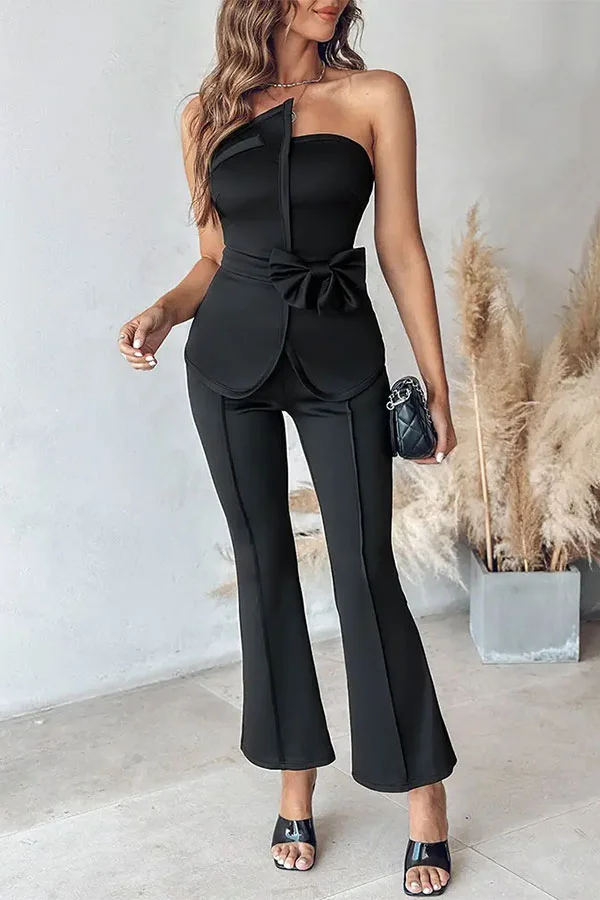Solid Color Irregular Strapless Flattering Bow Decor Pant Suit