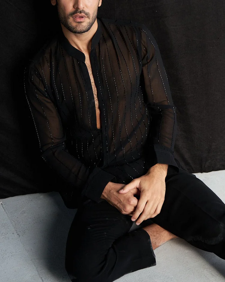 Men's Black Cutdana Stripes Shirt