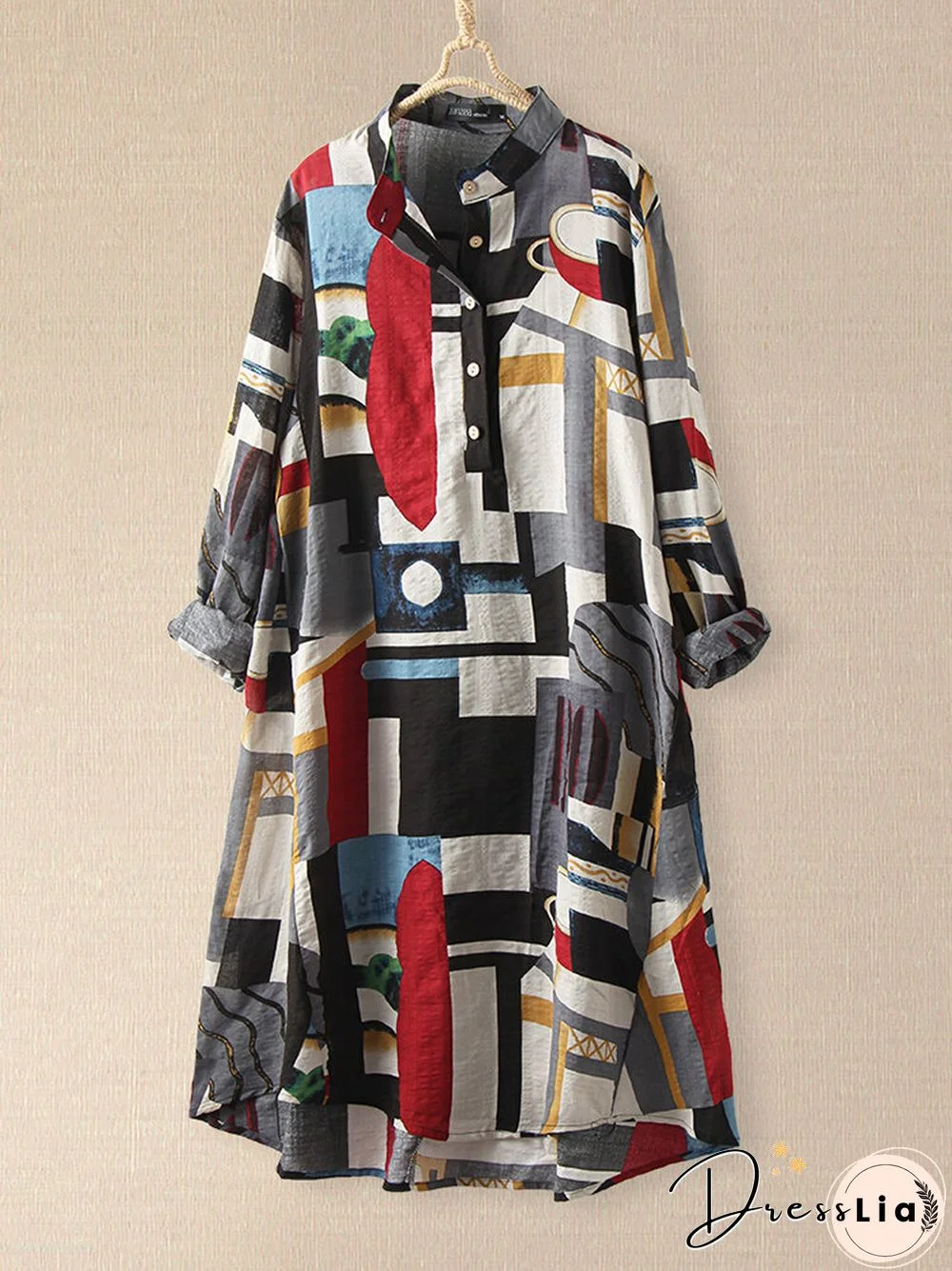 Plaid Loose Stand Collar Long Sleeve Casual Print Dress For Women