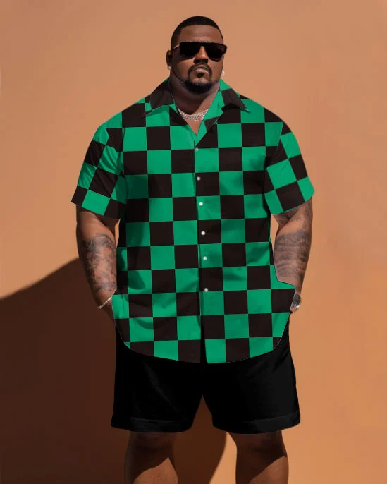 Men's Plus Size Green Plaid Print Short Sleeve Shirt Shorts Set