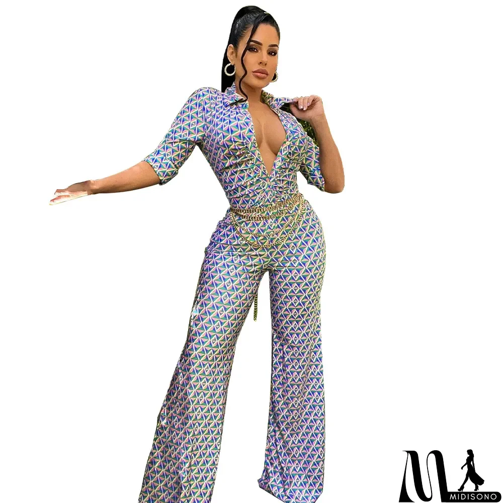 MidiSono - Women Turndown Collar Sexy Slim Print Wide Leg Jumpsuit