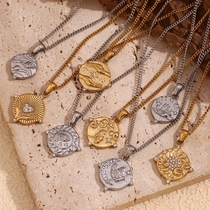 Casual IG Style Geometric Sun Gesture Titanium Steel Zircon 18K Gold Plated Inlay Pendant Necklace
