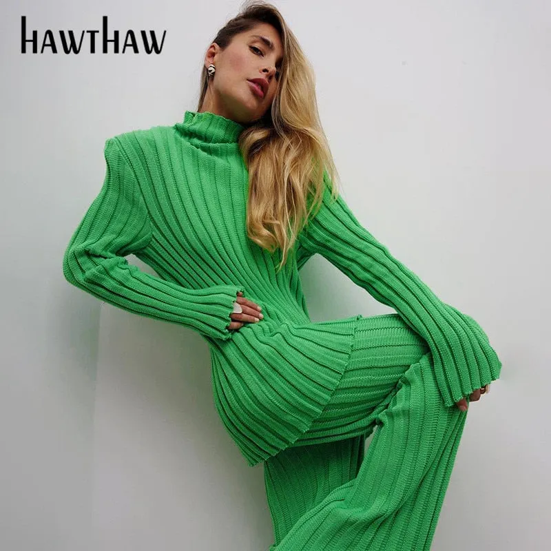 Hawthaw Women Autumn Winter High Waist Knitted Straight Green Long Pants Bottoms Dropshipping 2021 Fall Clothes Wholesale Items