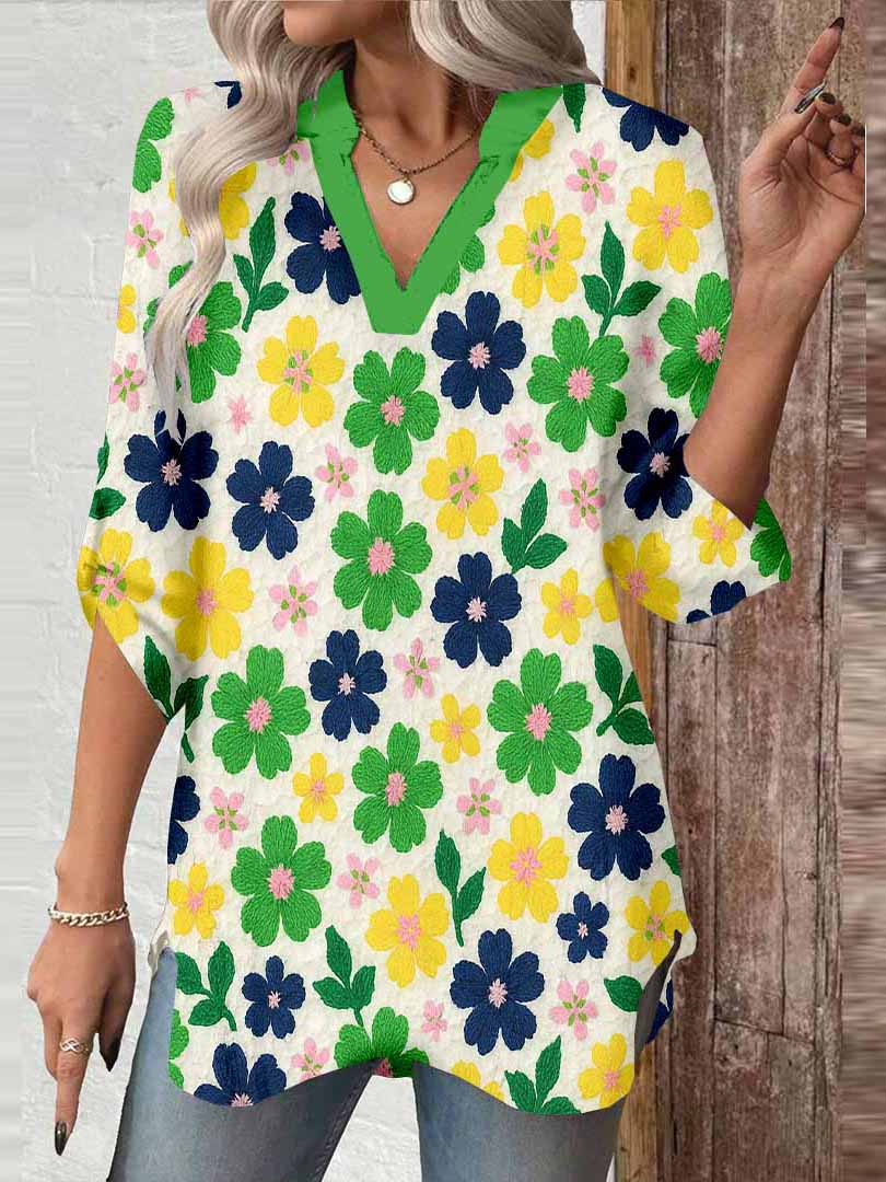 Women Flowers, Yellow, Green, Black DZGA0371 3/4 Sleeve V-neck Printed Graphic Button Tops