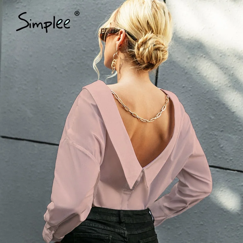Simplee V neck white Backless chain women blouse shirts Long sleeve botton turn down collar tops Elegant spring blouse ladies