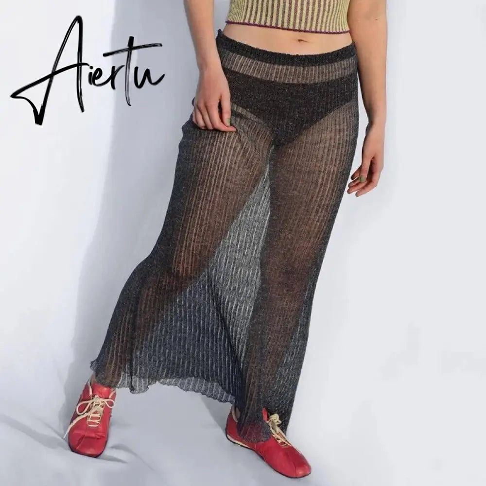 Mesh Pleated See-Through Long Skirt For Women Sheer Sexy Hollow Out Holiday Beach Skirt Female High Waist Y2k Maxi Skirt Aiertu