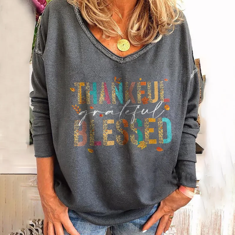Thankful Blessed Leopard Letters Print V-neck Long Sleeve T-shirt
