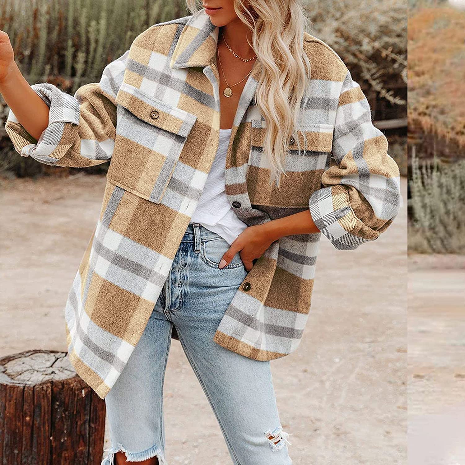  thdmladies Brushed Plaid Lapel Button Shirts Jackets thedmladies