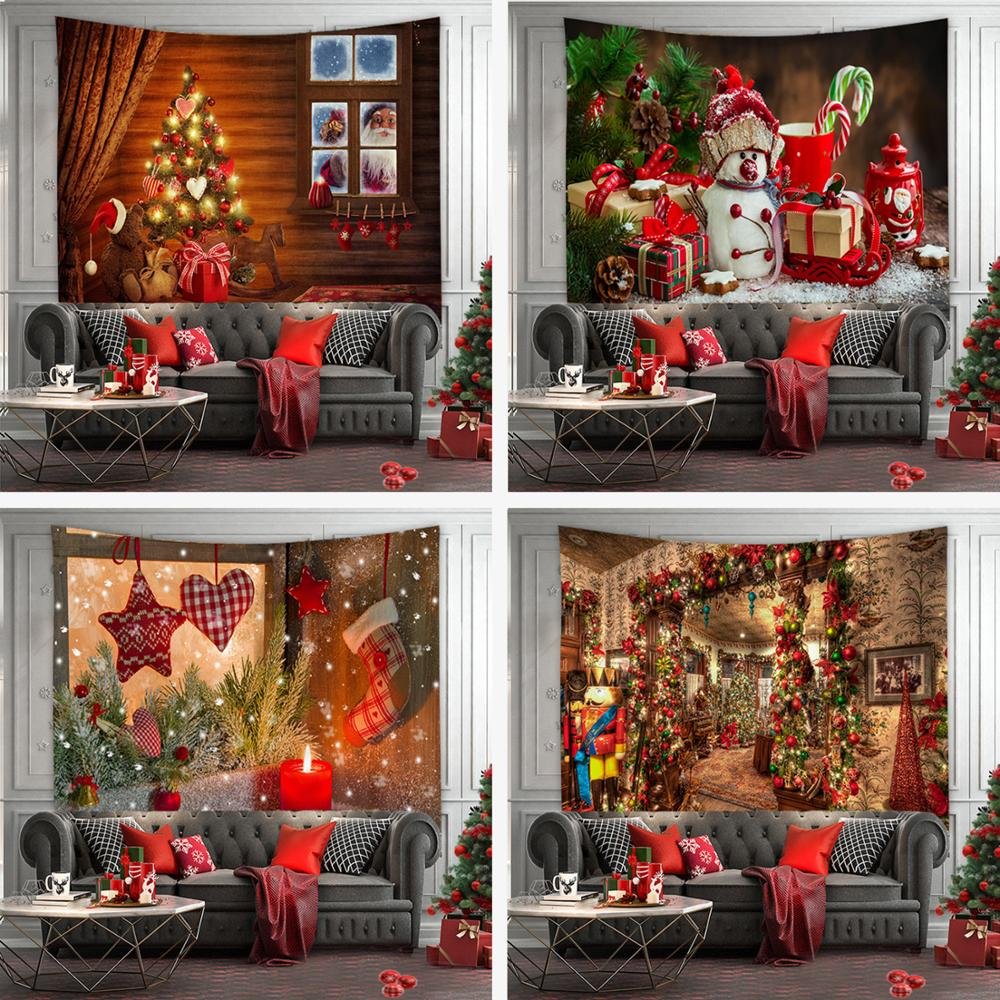 Christmas Tree Print Tapestry Wall Hanging Background Cloth Decor Red Santa Claus Polyester Tapestry Home Room Wall Decoration