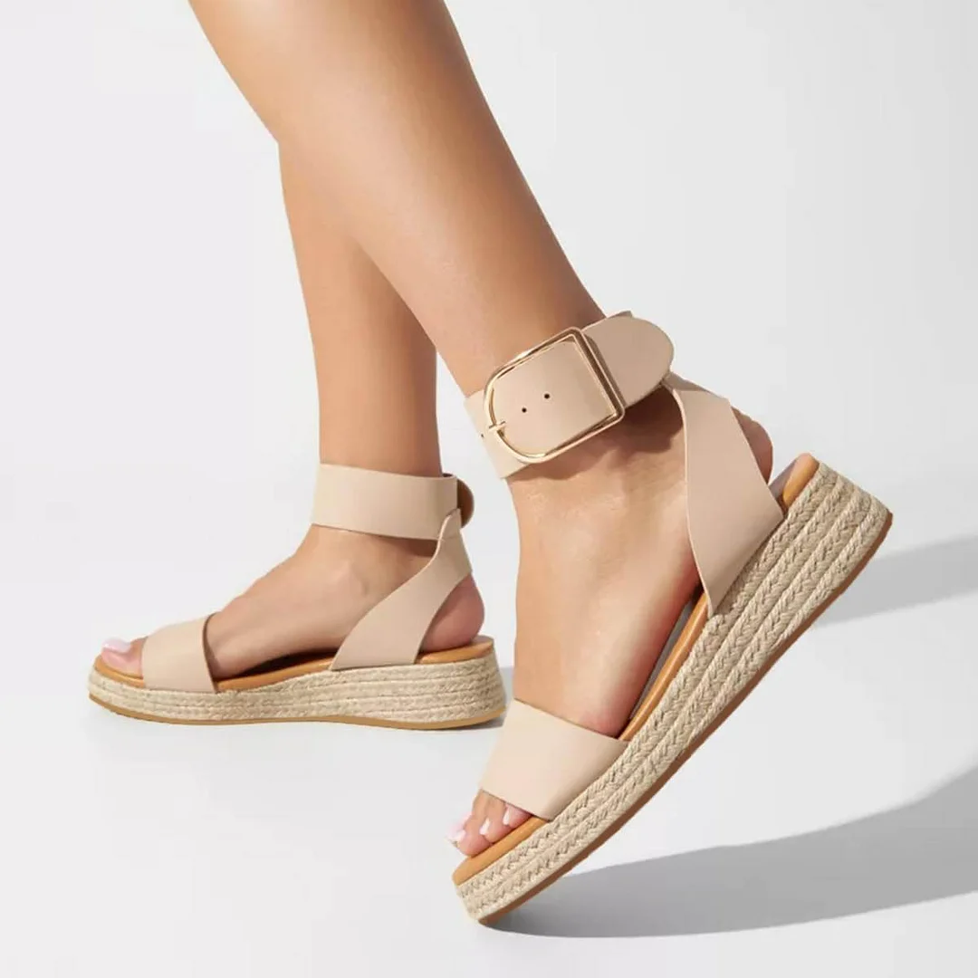 Women's Round Toe Platform Heel Buckle Fastening Strappy Nude Sandals