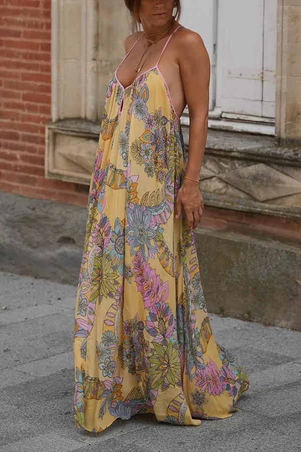 Plant Print Halter Back Loose Holiday Maxi Dress
