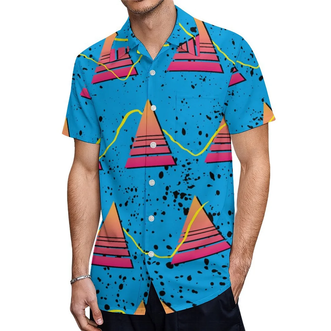 Short Sleeve Blue Triangles Shape Black Dirty Hawaiian Shirt Mens Button Down Plus Size Tropical Hawaii Beach Shirts