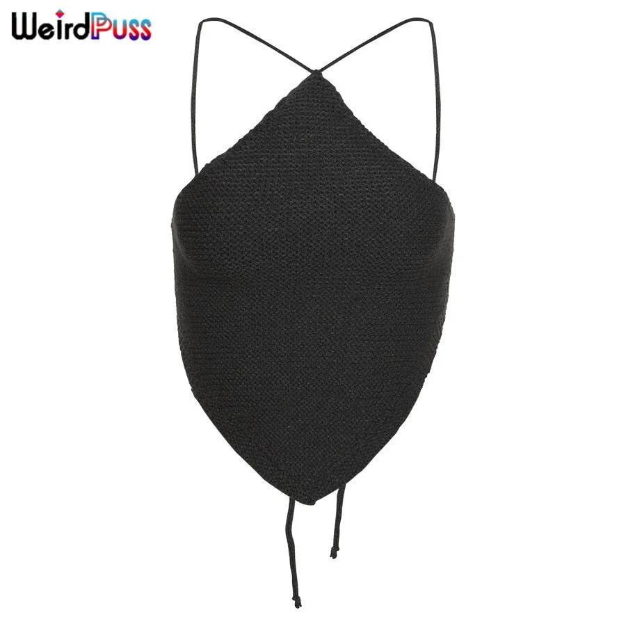 Weird Puss 2021 Summer Knitted Halter Skinny Sexy Tank Top Lace Up Backless Sleeveless Party Camisole Streetwear Stretchy Ops