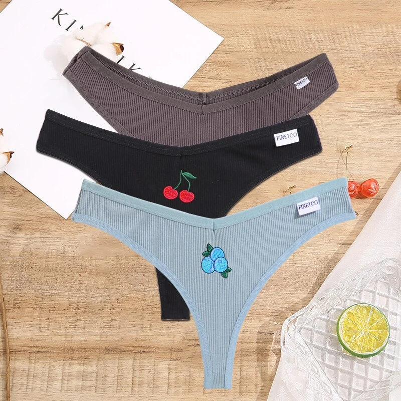 FINETOO 2/3PCS Women Lingerie Fruit Embroidery Panties G-string Sexy Low Rise Cotton Thongs Girl Underwear V-Waist Female Pantys